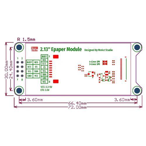 E-ink дисплей 2кольори WeAct Epaper 2.13" 250x122 SPI чорний білий 7000007274 фото