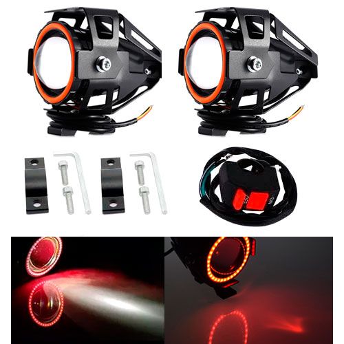 Фари прожектори для мотоцикла U7 LED 12В 3000лм Angel Eyes червоні і кнопка 7000000356 фото