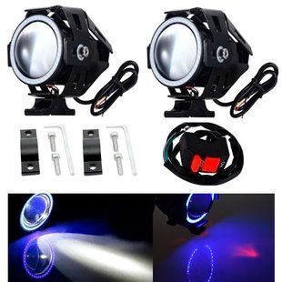 Фари прожектори для мотоцикла U7 LED 12В 3000лм Angel Eyes сині і кнопка 7000000357 фото