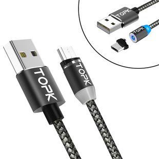 Кабель USB - MicroUSB 1м магнитный для Samsung Xiaomi, до 2.4А, нейлон, TOPK 7000003318 фото